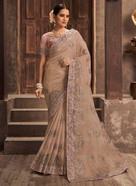 Peach Colour Tyohar Kavira New Latest Designer Ethnic Wear Gold Zari Organza Saree Collection 6005